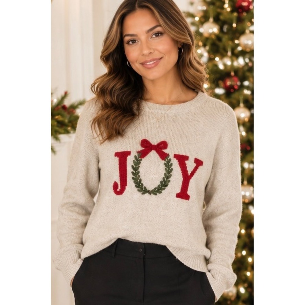 Cupcakes and‎ Cashmere Christmas Sweater Oatmeal Tan Medium Joy Holiday Wreath